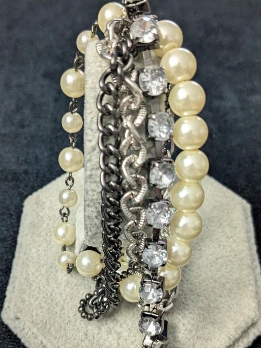 Nine In One Strand Multi Bracelet Rhinestones Chains and Faux Pearls